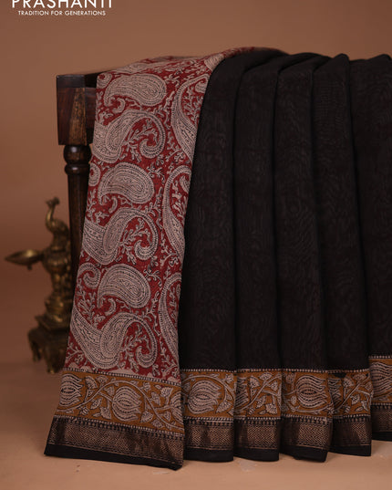 Chanderi bagru partly saree black and dark mustard with plain body and kalamkari printed pallu