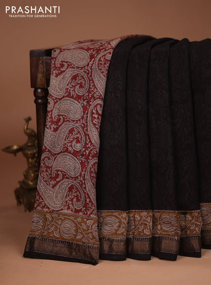Chanderi bagru partly saree black and dark mustard with plain body and kalamkari printed pallu