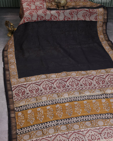 Chanderi bagru partly saree black and dark mustard with plain body and kalamkari printed pallu