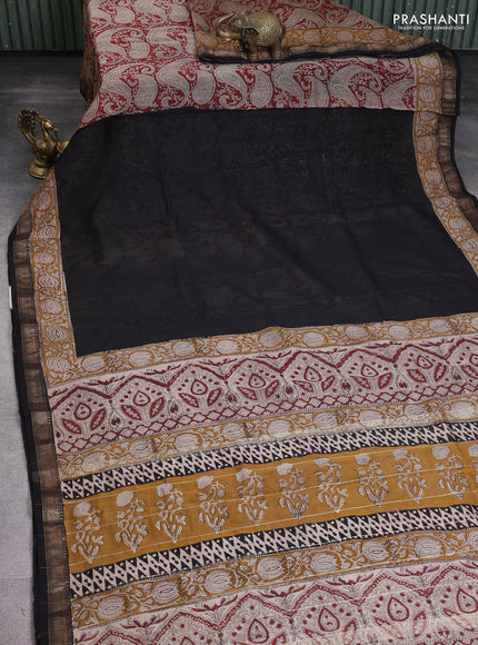 Chanderi bagru partly saree black and dark mustard with plain body and kalamkari printed pallu