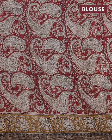 Chanderi bagru partly saree black and dark mustard with plain body and kalamkari printed pallu