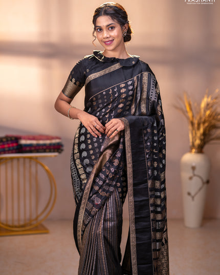 Semi kanchipuram partly saree black with allover silver & zari weaves and rettapet zari woven border