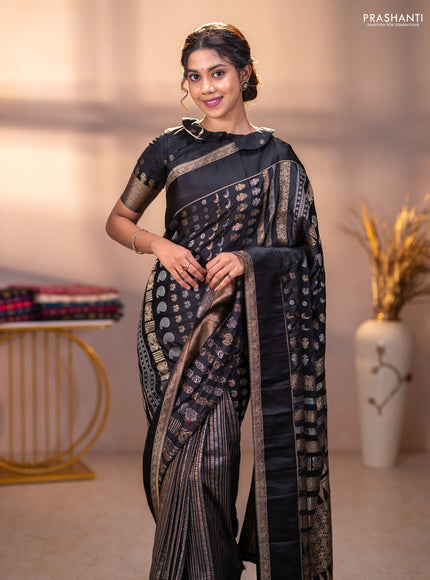 Semi kanchipuram partly saree black with allover silver & zari weaves and rettapet zari woven border