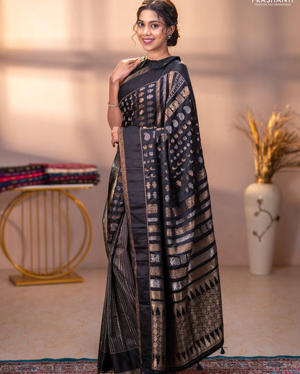 Semi kanchipuram partly saree black with allover silver & zari weaves and rettapet zari woven border