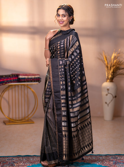 Semi kanchipuram partly saree black with allover silver & zari weaves and rettapet zari woven border