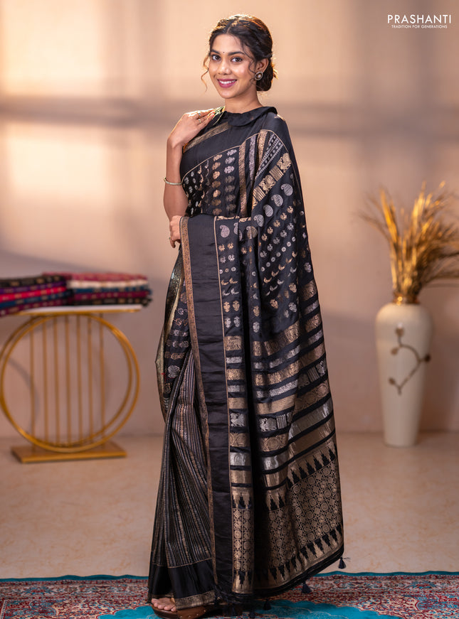Semi kanchipuram partly saree black with allover silver & zari weaves and rettapet zari woven border