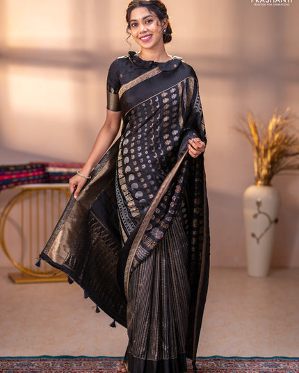 Semi kanchipuram partly saree black with allover silver & zari weaves and rettapet zari woven border