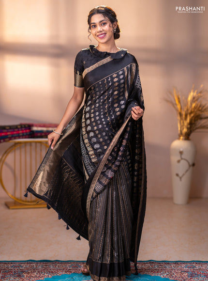 Semi kanchipuram partly saree black with allover silver & zari weaves and rettapet zari woven border