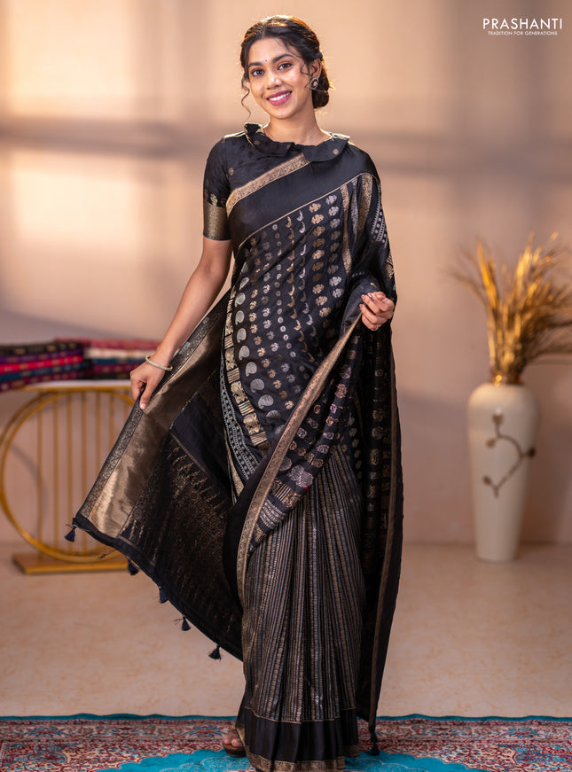 Semi kanchipuram partly saree black with allover silver & zari weaves and rettapet zari woven border