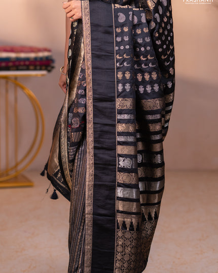 Semi kanchipuram partly saree black with allover silver & zari weaves and rettapet zari woven border