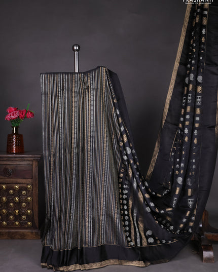 Semi kanchipuram partly saree black with allover silver & zari weaves and rettapet zari woven border