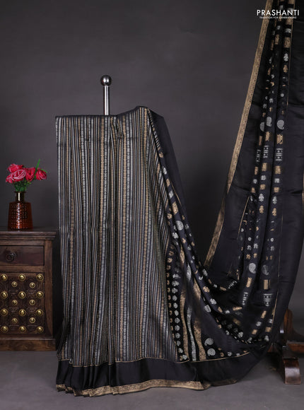 Semi kanchipuram partly saree black with allover silver & zari weaves and rettapet zari woven border