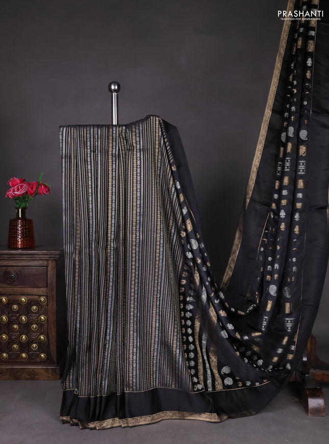 Semi kanchipuram partly saree black with allover silver & zari weaves and rettapet zari woven border