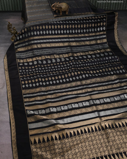 Semi kanchipuram partly saree black with allover silver & zari weaves and rettapet zari woven border