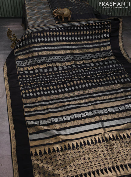 Semi kanchipuram partly saree black with allover silver & zari weaves and rettapet zari woven border