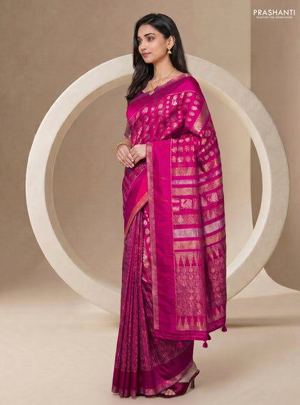 Semi kanchipuram partly saree pink with allover silver & zari weaves and rettapet zari woven border