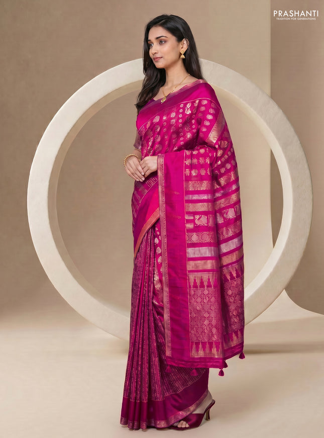Semi kanchipuram partly saree pink with allover silver & zari weaves and rettapet zari woven border
