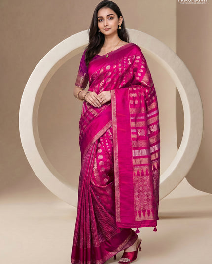 Semi kanchipuram partly saree pink with allover silver & zari weaves and rettapet zari woven border