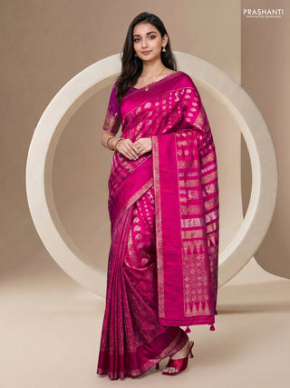 Semi kanchipuram partly saree pink with allover silver & zari weaves and rettapet zari woven border