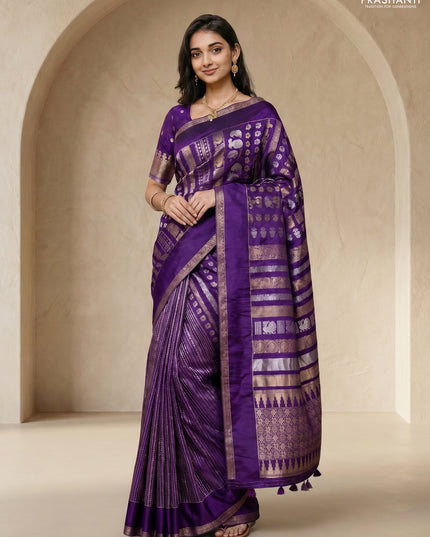 Semi kanchipuram partly saree purple with allover silver & zari weaves and rettapet zari woven border