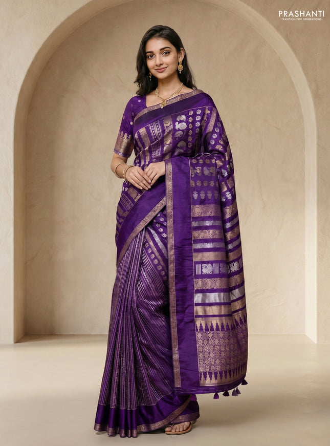 Semi kanchipuram partly saree purple with allover silver & zari weaves and rettapet zari woven border