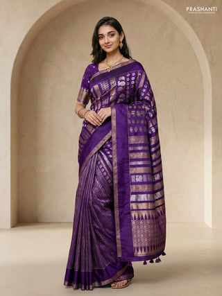 Semi kanchipuram partly saree purple with allover silver & zari weaves and rettapet zari woven border