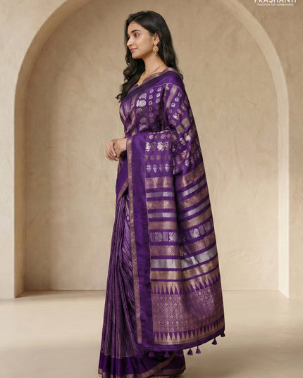Semi kanchipuram partly saree purple with allover silver & zari weaves and rettapet zari woven border