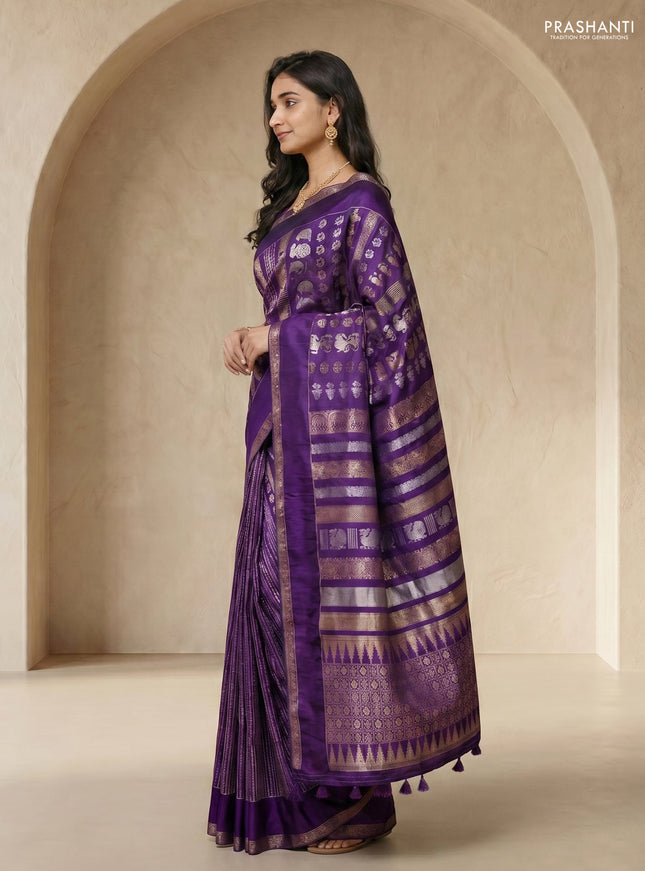 Semi kanchipuram partly saree purple with allover silver & zari weaves and rettapet zari woven border