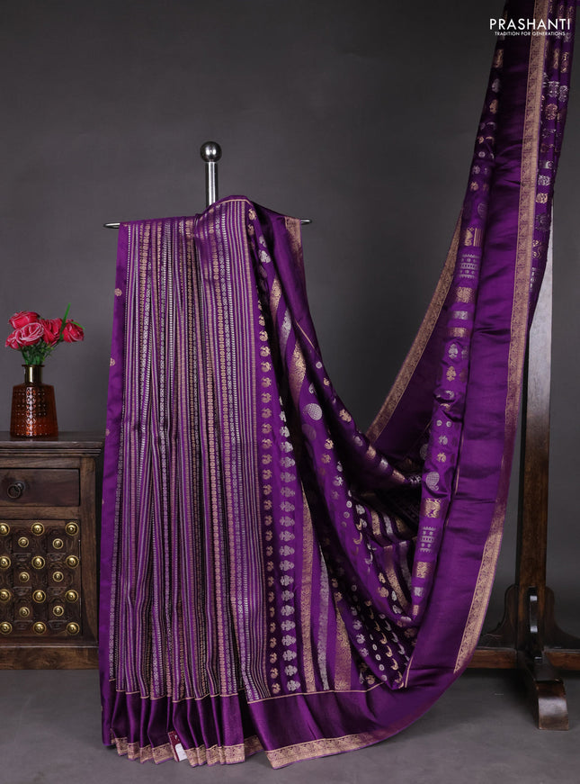 Semi kanchipuram partly saree purple with allover silver & zari weaves and rettapet zari woven border