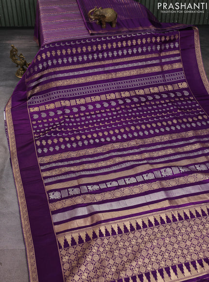 Semi kanchipuram partly saree purple with allover silver & zari weaves and rettapet zari woven border