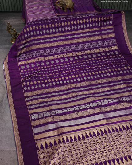 Semi kanchipuram partly saree purple with allover silver & zari weaves and rettapet zari woven border