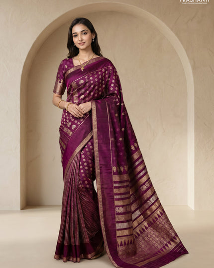 Semi kanchipuram partly saree wine shade with allover silver & zari weaves and rettapet zari woven border