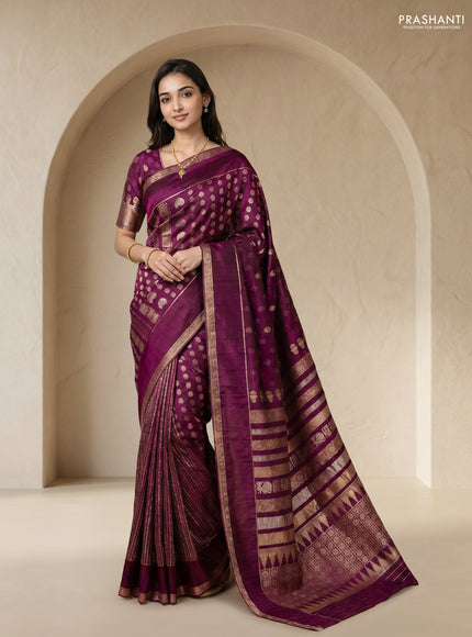 Semi kanchipuram partly saree wine shade with allover silver & zari weaves and rettapet zari woven border