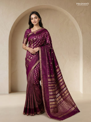 Semi kanchipuram partly saree wine shade with allover silver & zari weaves and rettapet zari woven border