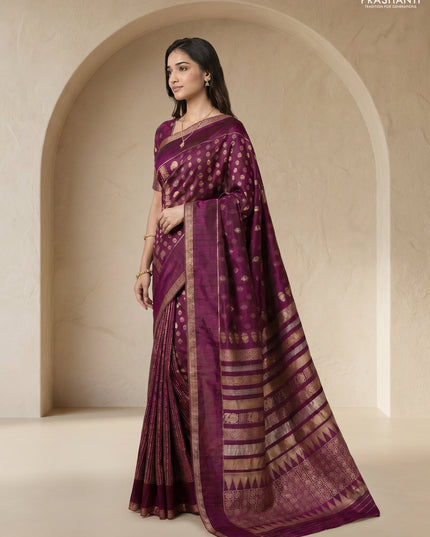 Semi kanchipuram partly saree wine shade with allover silver & zari weaves and rettapet zari woven border