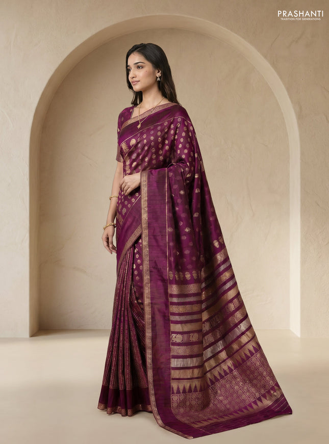 Semi kanchipuram partly saree wine shade with allover silver & zari weaves and rettapet zari woven border