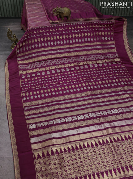 Semi kanchipuram partly saree wine shade with allover silver & zari weaves and rettapet zari woven border