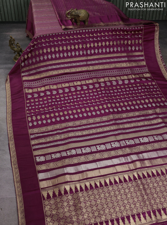 Semi kanchipuram partly saree wine shade with allover silver & zari weaves and rettapet zari woven border