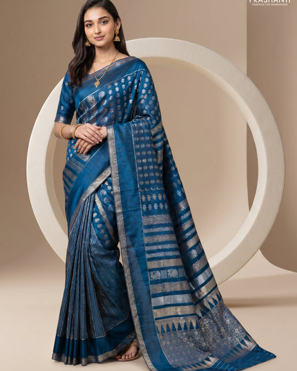 Semi kanchipuram partly saree peacock blue with allover silver & zari weaves and rettapet zari woven border