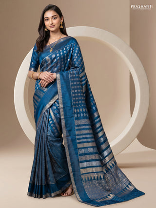 Semi kanchipuram partly saree peacock blue with allover silver & zari weaves and rettapet zari woven border