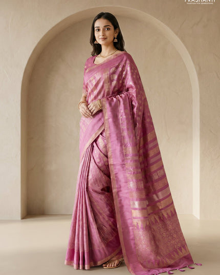 Semi kanchipuram partly saree mauve pink with allover silver & zari weaves and rettapet zari woven border