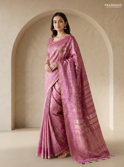Semi kanchipuram partly saree mauve pink with allover silver & zari weaves and rettapet zari woven border