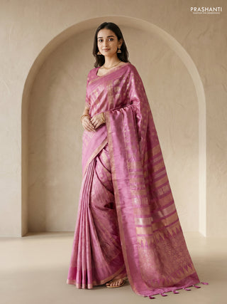 Semi kanchipuram partly saree mauve pink with allover silver & zari weaves and rettapet zari woven border