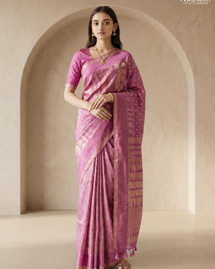 Semi kanchipuram partly saree mauve pink with allover silver & zari weaves and rettapet zari woven border
