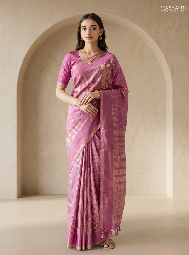 Semi kanchipuram partly saree mauve pink with allover silver & zari weaves and rettapet zari woven border