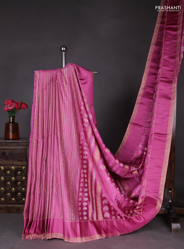 Semi kanchipuram partly saree mauve pink with allover silver & zari weaves and rettapet zari woven border