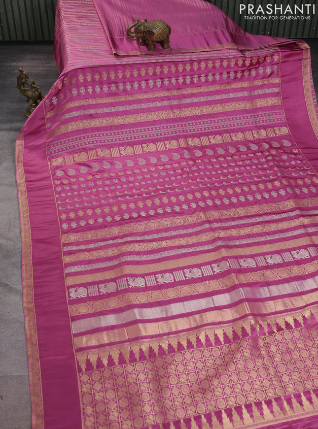Semi kanchipuram partly saree mauve pink with allover silver & zari weaves and rettapet zari woven border