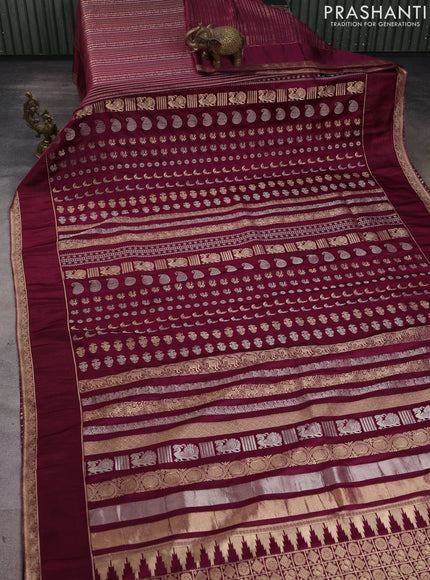 Semi kanchipuram partly saree wine shade with allover silver & zari weaves and rettapet zari woven border