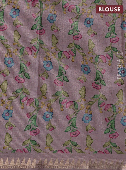 Art tussar saree beige and pastel purple with plain body and tanjore printed border