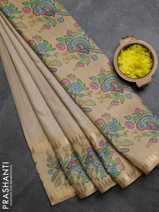 Art tussar saree beige and sandal with plain body and tanjore printed border